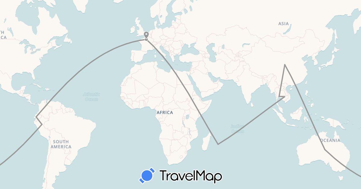 TravelMap itinerary: driving, plane in Australia, China, Ecuador, France, Cambodia, Peru, Thailand (Asia, Europe, Oceania, South America)
